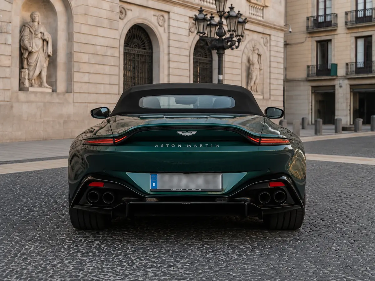 Aston Martin Vantage V8 Spider 2026, rear view — Milan Luxury Cars, Milan. The 2026 Aston Martin Vantage V8 Spider pairs a 665 hp V8 with a two-seat, open-top…