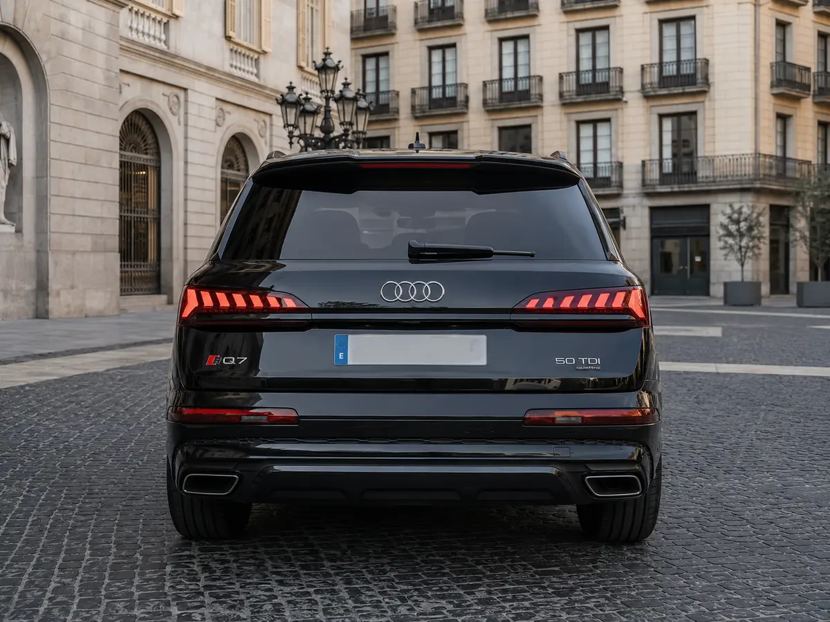 Audi Q7 50 TDI S-Line Edition 2025, vista posteriore — Milan Luxury Cars, Milano. L'Audi Q7 50 TDI S-Line Edition unisce la spinta di un motore diesel da 286 cavalli a un…