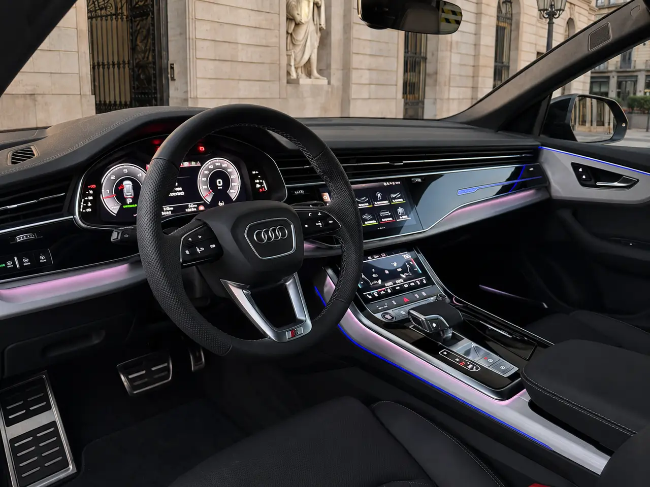 Audi Q8 2025, front view — Milan Luxury Cars, Milan. The 2025 Audi Q8 pairs a 340 hp drivetrain with a five-seat cabin that stays composed on…