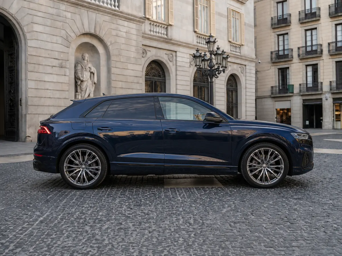 Audi Q8 55 TFSI 2022, vista frontal — Milan Luxury Cars, Milán. El Audi Q8 55 TFSI reúne 340 caballos y capacidad para cinco ocupantes en una carrocería…