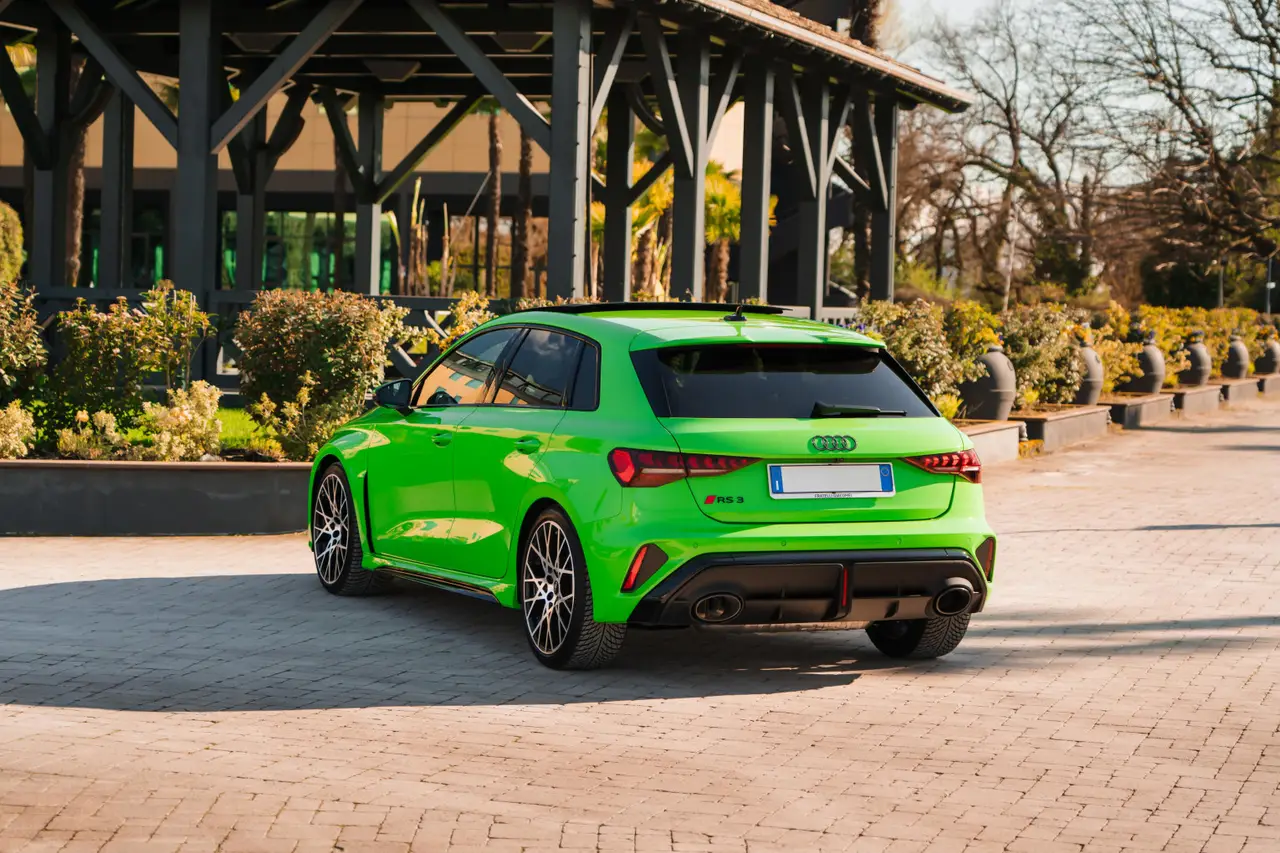 Audi RS3 Restyling 2025, exterior — Milan Luxury Cars, Milan. The 2025 Audi RS3 Restyling brings 400 hp to a compact, all-wheel-drive body that feels…