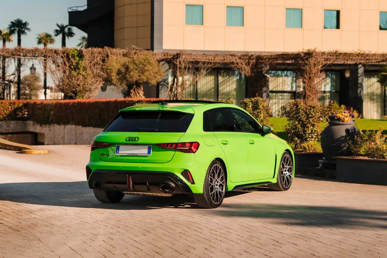 Audi RS3 Restyling 2025, rear view — Milan Luxury Cars, Milan. The 2025 Audi RS3 Restyling brings 400 hp to a compact, all-wheel-drive body that feels…