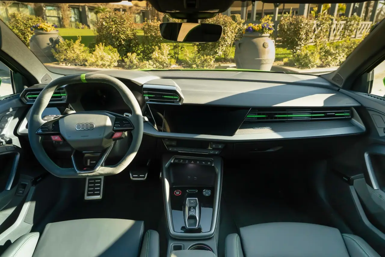 Audi RS3 Restyling 2025, dashboard — Milan Luxury Cars, Milan. The 2025 Audi RS3 Restyling brings 400 hp to a compact, all-wheel-drive body that feels…
