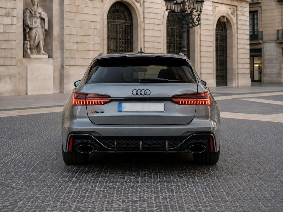 Audi RS6 2022, vista posteriore — Milan Luxury Cars, Milano. L'Audi RS6 unisce l'assetto e la potenza di una vettura sportiva alla configurazione di…