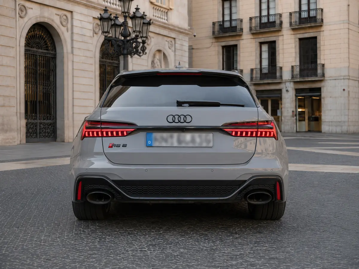 Audi RS6 Dynamic 2023, rear view — Milan Luxury Cars, Milan. The 2023 Audi RS6 Dynamic pairs wagon practicality with 621 hp, a combination that feels…