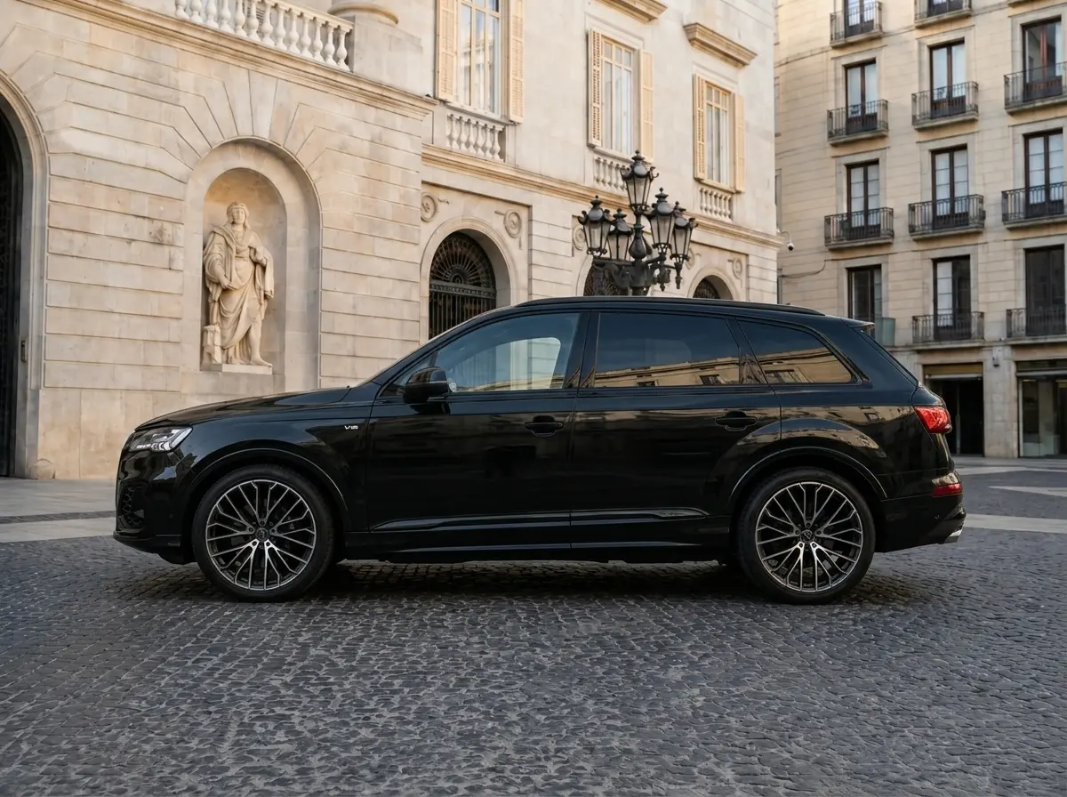 Audi SQ7 2025, вид сзади — Milan Luxury Cars, Милан. Audi SQ7 2025 года — это внедорожник, где 507 лошадиных сил не превращают семейную…