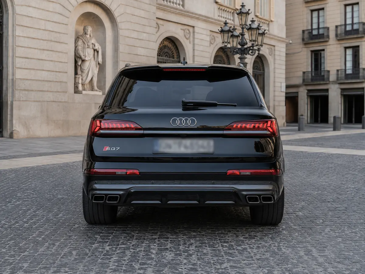 Audi SQ7 7seater 2023, vista posteriore — Milan Luxury Cars, Milano. L'Audi SQ7 a sette posti unisce la struttura di un SUV di grande formato alla spinta di…