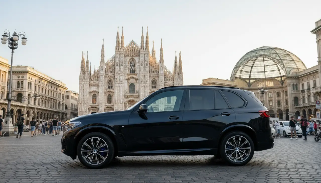 BMW X5 4.0i M 2025, rear view — Milan Luxury Cars, Milan. The 2025 BMW X5 4.0i M pairs a 381 hp drivetrain with the composure expected of a…