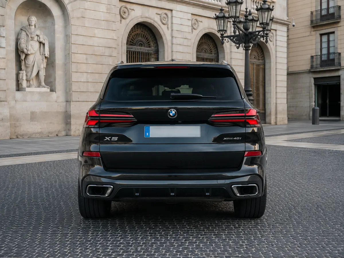 BMW X5 4.0i M 2025, vista trasera — Milan Luxury Cars, Milán. El BMW X5 4.0i M de 2025 combina la robustez de un todoterreno con una respuesta mecánica…