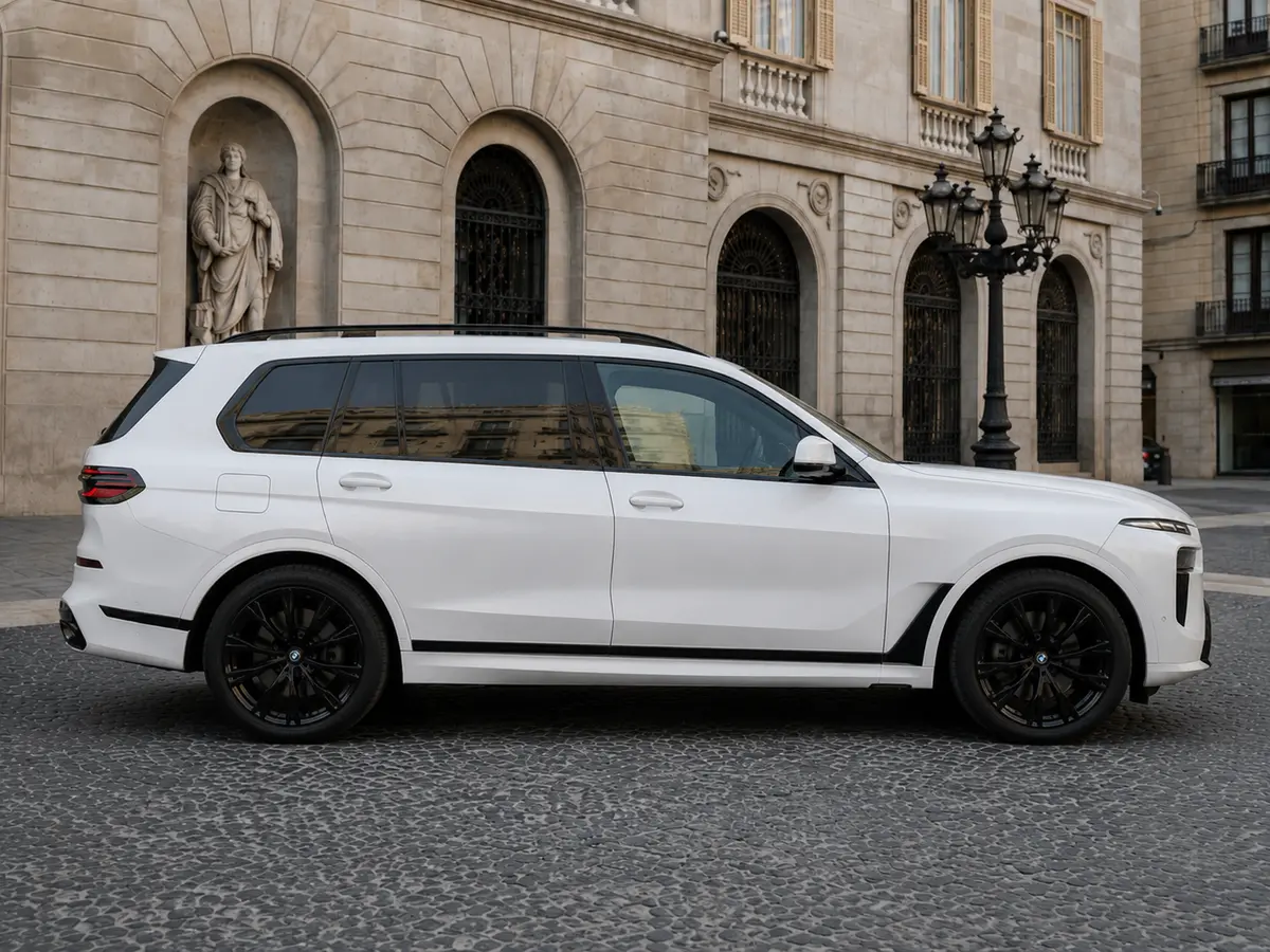 BMW X7 40d M 2024, vista frontale — Milan Luxury Cars, Milano. La BMW X7 40d M unisce le proporzioni di un SUV a sette posti a una guida che resta…