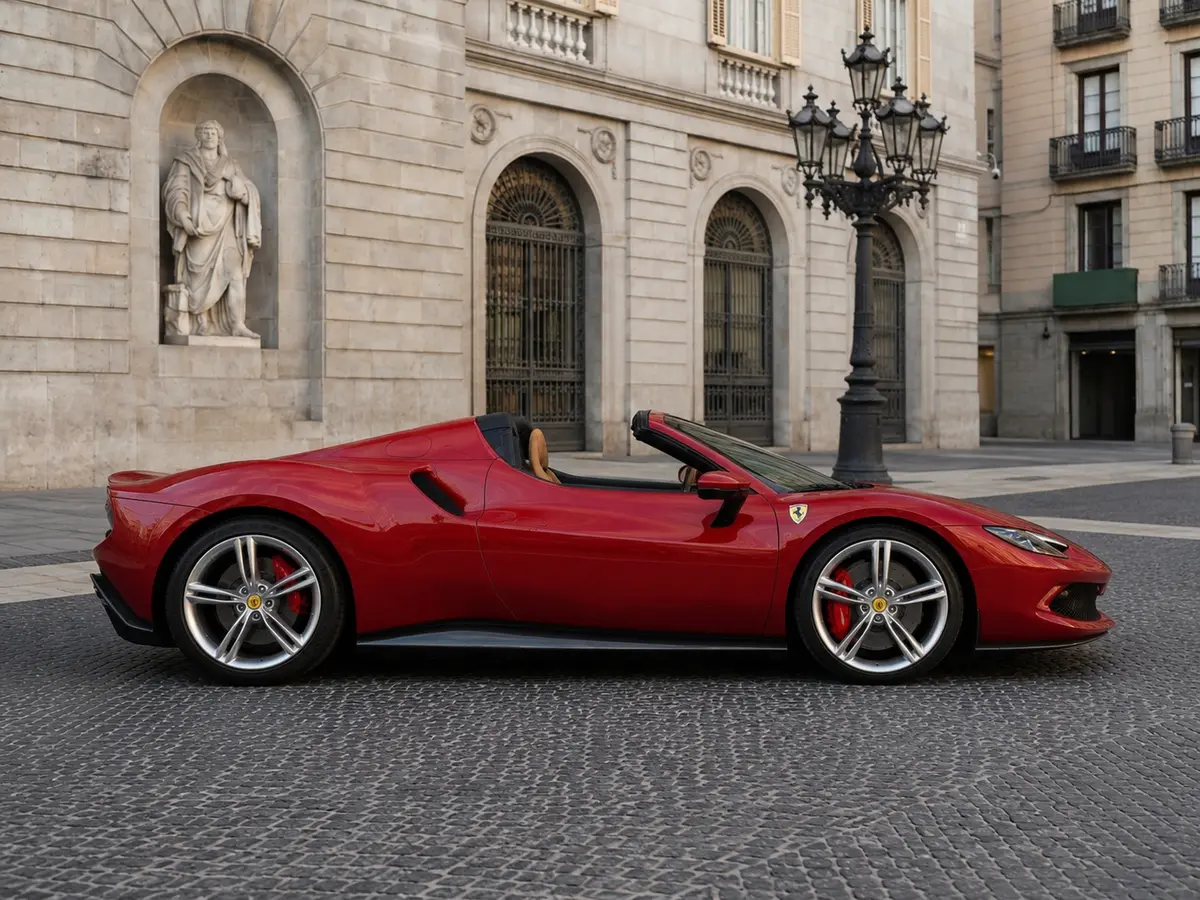 Ferrari 296 GTS Spider 2025, vista frontale — Milan Luxury Cars, Milano. La Ferrari 296 GTS Spider 2025 è una scoperta a due posti che combina il V6 biturbo…