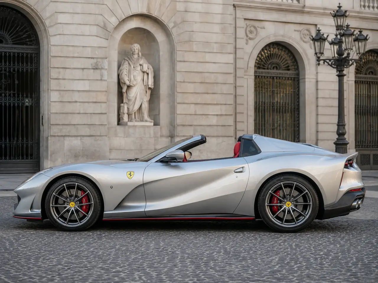 Ferrari 812 GTS 2024, exterior — Milan Luxury Cars, Milan. The Ferrari 812 GTS pairs a naturally aspirated V12 producing 789 hp with a folding hard…