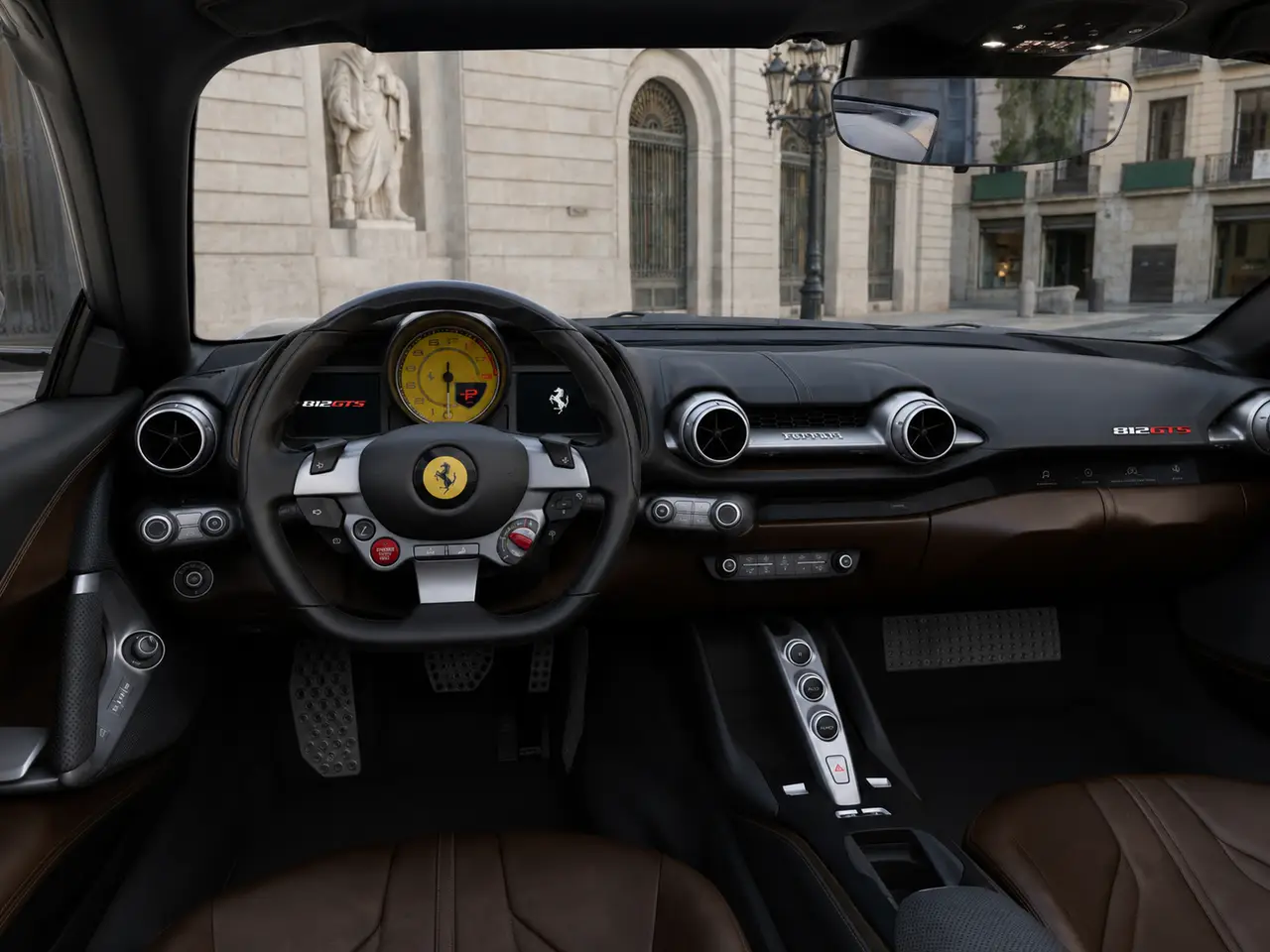 Ferrari 812 GTS 2024, interior — Milan Luxury Cars, Milan. The Ferrari 812 GTS pairs a naturally aspirated V12 producing 789 hp with a folding hard…
