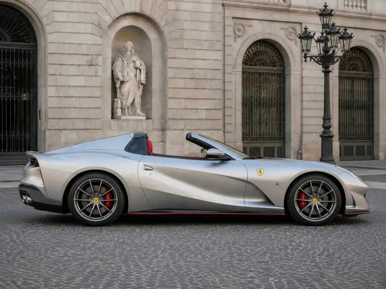 Ferrari 812 GTS 2024, вид спереди — Milan Luxury Cars, Милан. Ferrari 812 GTS 2024 года — открытый двенадцатицилиндровый спорткар на 800 л.с. и два…