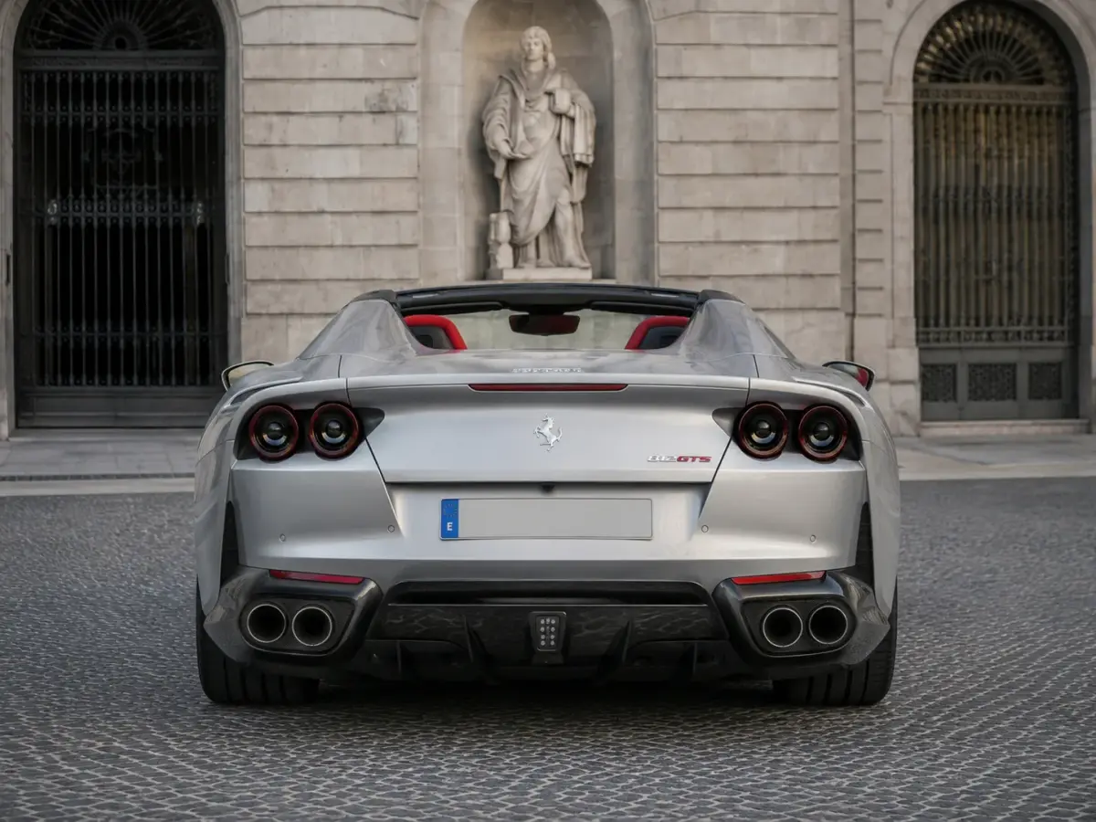 Ferrari 812 GTS 2024, vista trasera — Milan Luxury Cars, Milán. El Ferrari 812 GTS de 2024 combina el registro de un gran turismo con la respuesta…