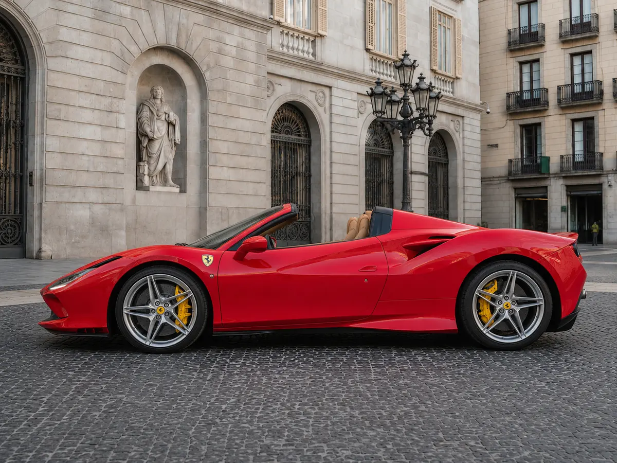 Ferrari F8 Tributo Spider Red 2023, esterno — Milan Luxury Cars, Milano. La Ferrari F8 Tributo Spider rossa unisce l'architettura a motore centrale-posteriore…