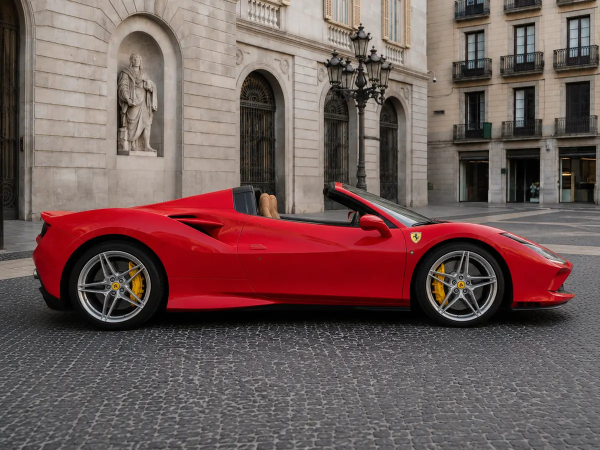 Ferrari F8 Tributo Spider Red 2023, vista frontale — Milan Luxury Cars, Milano. La Ferrari F8 Tributo Spider rossa unisce l'architettura a motore centrale-posteriore…