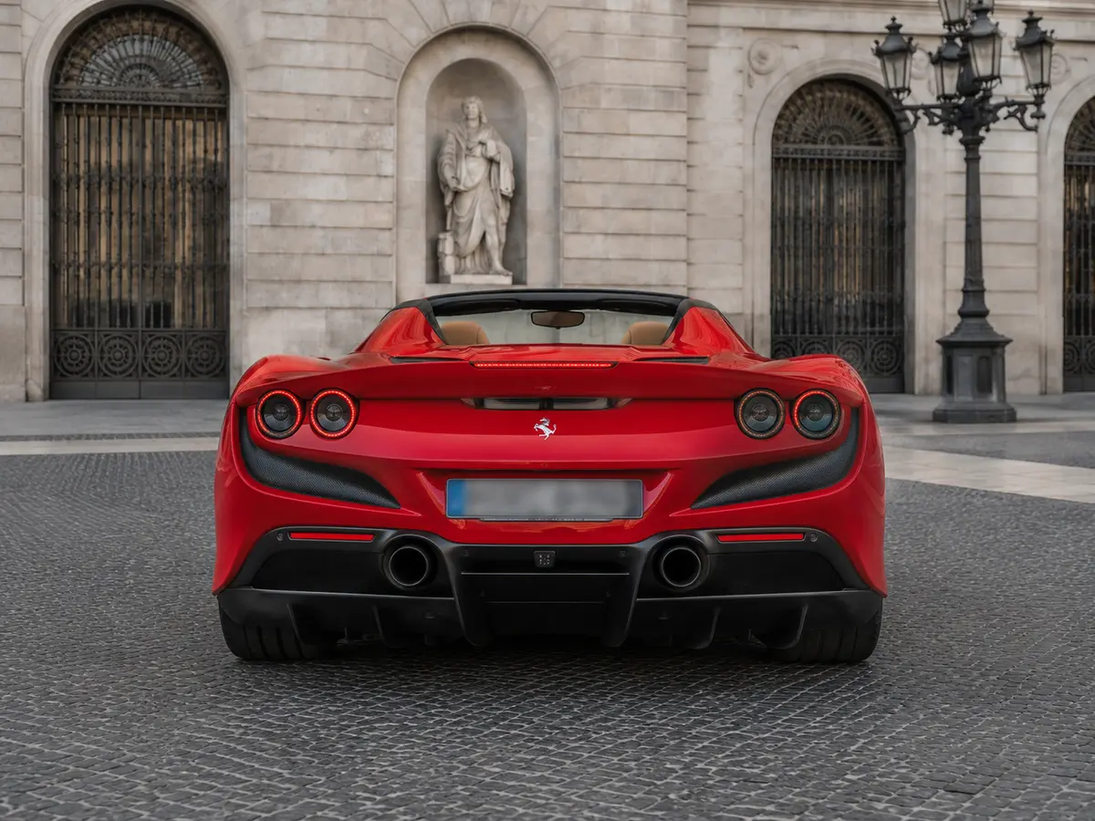 Ferrari F8 Tributo Spider Red 2023, vista posteriore — Milan Luxury Cars, Milano. La Ferrari F8 Tributo Spider rossa unisce l'architettura a motore centrale-posteriore…