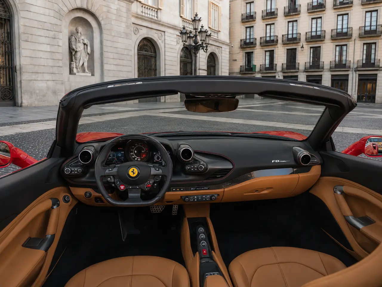 Ferrari F8 Tributo Spider Red 2023, interni — Milan Luxury Cars, Milano. La Ferrari F8 Tributo Spider rossa unisce l'architettura a motore centrale-posteriore…
