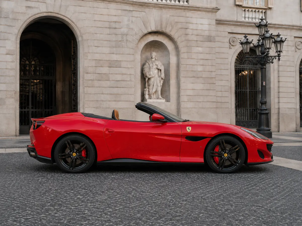 Ferrari Portofino M 2023, vista frontal — Milan Luxury Cars, Milán. El Ferrari Portofino M combina la vocación de gran turismo con una potencia de 620 CV,…