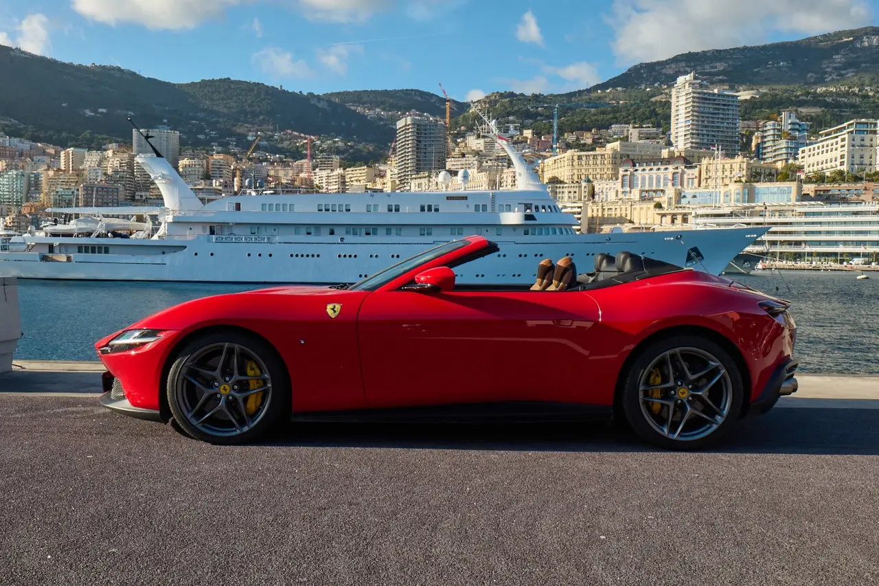 Ferrari Roma Spider 2024, exterior — Milan Luxury Cars, Milan. The Ferrari Roma Spider pairs a 620 hp V8 with a design language closer to a grand tourer…