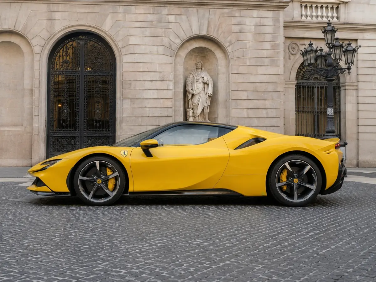 Ferrari SF90 Spider 2024, внешний вид — Milan Luxury Cars, Милан. Ferrari SF90 Spider 2024 года — это гибридный суперкар с открытым верхом и суммарной…
