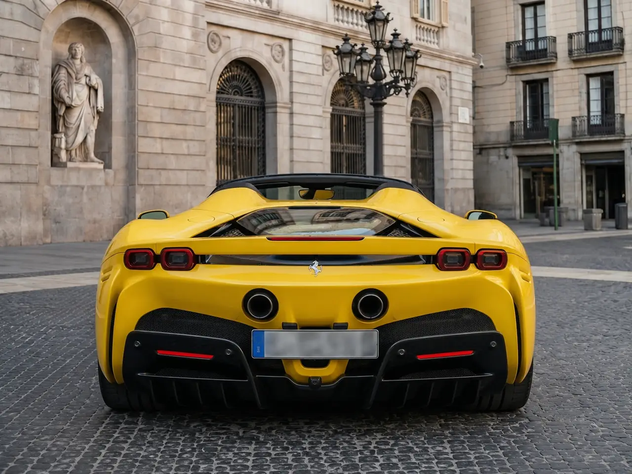 Ferrari SF90 Spider 2024, вид сзади — Milan Luxury Cars, Милан. Ferrari SF90 Spider 2024 года — это гибридный суперкар с открытым верхом и суммарной…