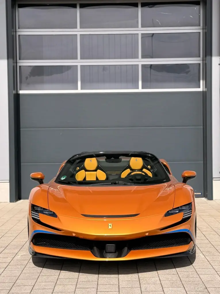 Ferrari SF90 Spider Tailor Made 2025, front view — Milan Luxury Cars, Milan. The Ferrari SF90 Spider Tailor Made puts 986 hp behind the driver's seat and asks for a…