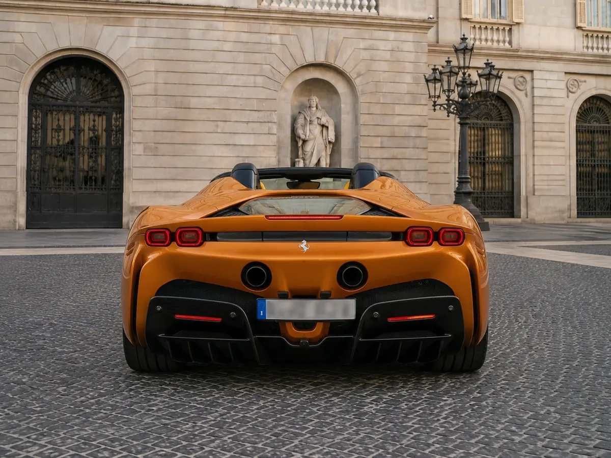 Ferrari SF90 Spider Tailor Made 2025, vista posteriore — Milan Luxury Cars, Milano. La Ferrari SF90 Spider Tailor Made porta in strada 986 cavalli distribuiti su una…