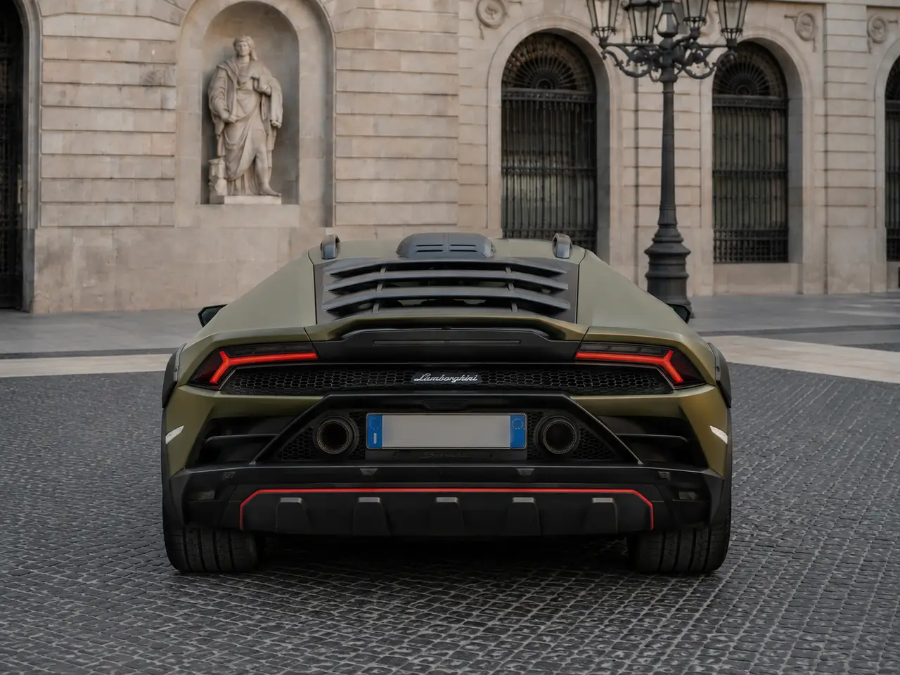 Lamborghini Huracan Sterrato 2024, rear view — Milan Luxury Cars, Milan. The Lamborghini Huracan Sterrato stands apart from the rest of the marque's line-up: a…