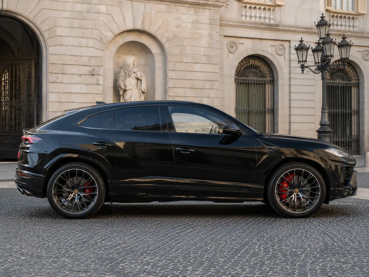 Lamborghini Urus S 2023, front view — Milan Luxury Cars, Milan. The Urus S carries Lamborghini's V8 output of 657 hp inside a five-seat SUV body, so the…