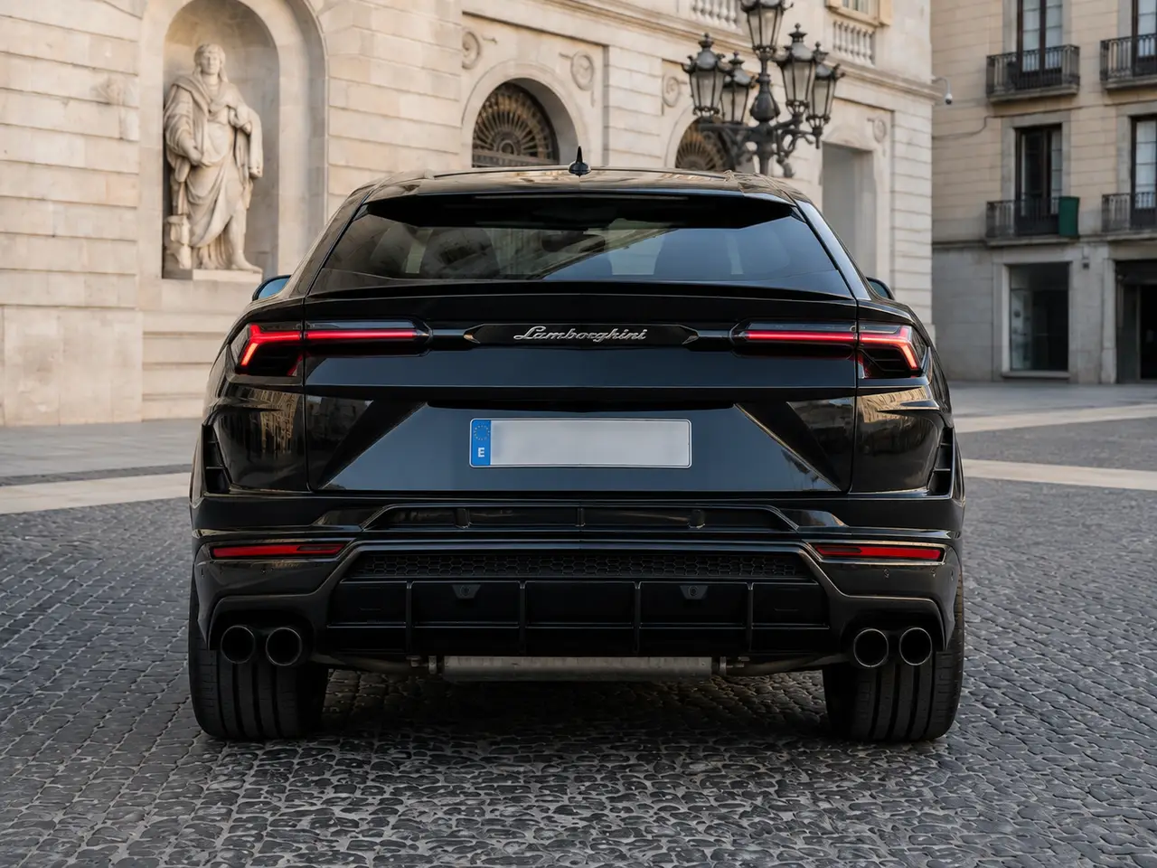 Lamborghini Urus S 2023, rear view — Milan Luxury Cars, Milan. The Urus S carries Lamborghini's V8 output of 657 hp inside a five-seat SUV body, so the…