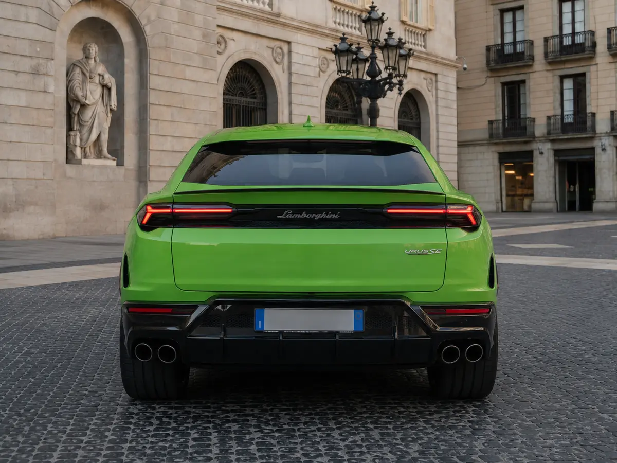 Lamborghini Urus SE 2026, rear view — Milan Luxury Cars, Milan. The Lamborghini Urus SE pairs 800 hp with five-seat practicality, a combination that sets…