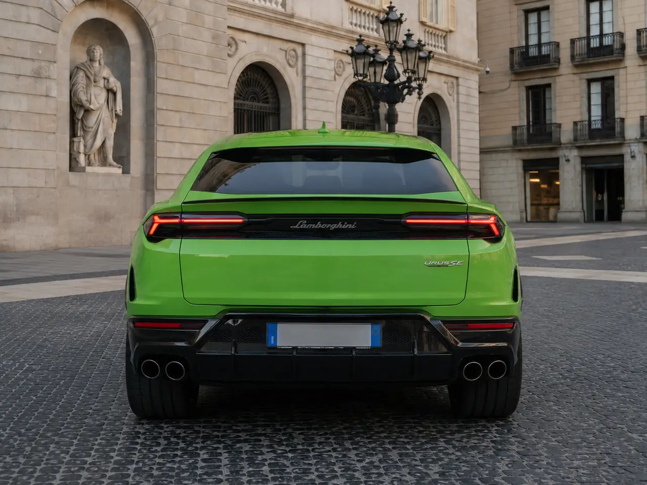 Lamborghini Urus SE 2026, rear view — Milan Luxury Cars, Milan. The Lamborghini Urus SE pairs 800 hp with five-seat practicality, a combination that sets…