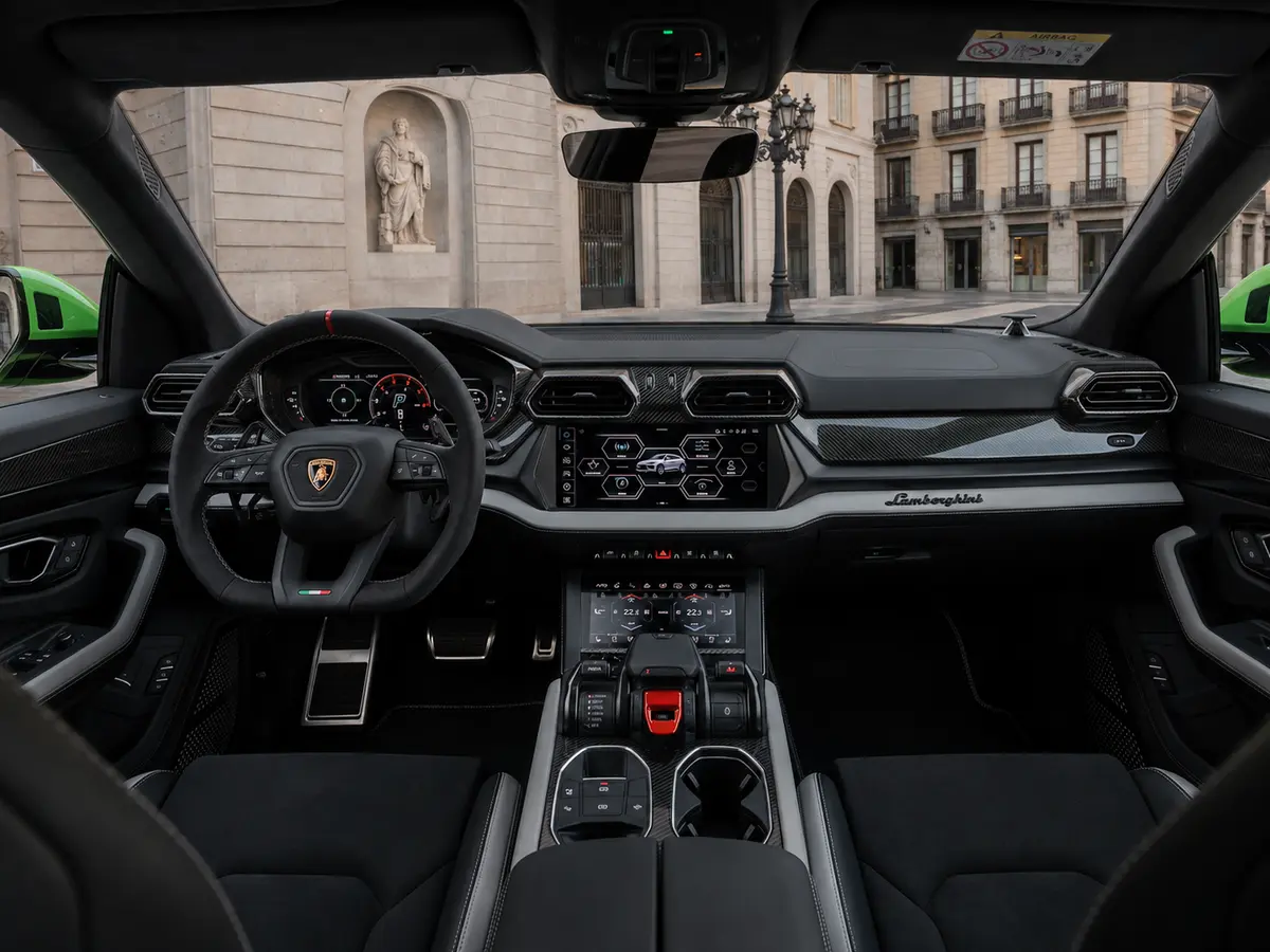 Lamborghini Urus SE 2026, interior — Milan Luxury Cars, Milan. The Lamborghini Urus SE pairs 800 hp with five-seat practicality, a combination that sets…
