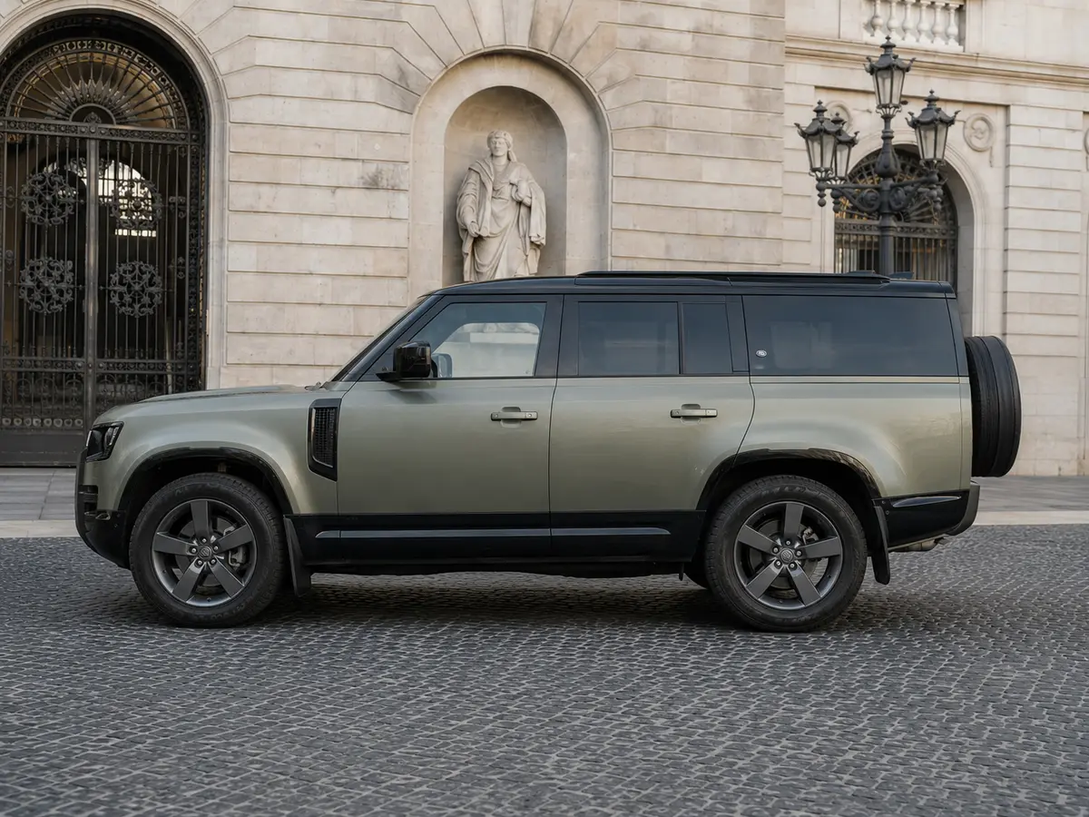 Land Rover Defender X-Dynamic 7 seater 2024, esterno — Milan Luxury Cars, Milano. Il Land Rover Defender X-Dynamic a 7 posti porta in strada l'impostazione robusta tipica…