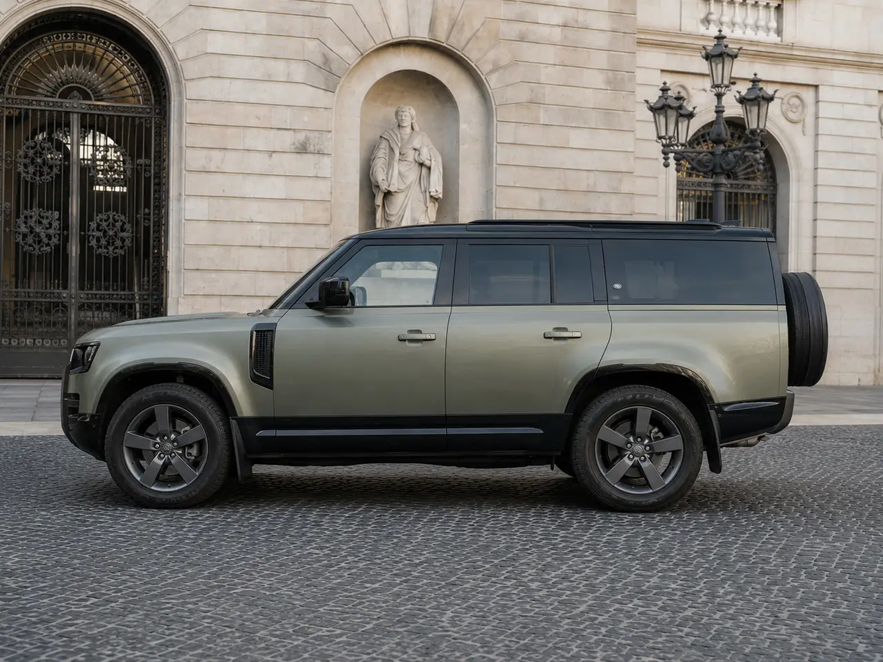 Land Rover Defender X-Dynamic 7 seater 2024, esterno — Milan Luxury Cars, Milano. Il Land Rover Defender X-Dynamic a 7 posti porta in strada l'impostazione robusta tipica…