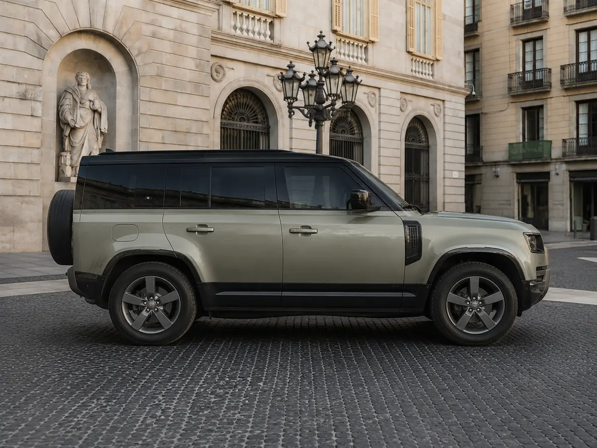 Land Rover Defender X-Dynamic 7 seater 2024, vista frontale — Milan Luxury Cars, Milano. Il Land Rover Defender X-Dynamic a 7 posti porta in strada l'impostazione robusta tipica…