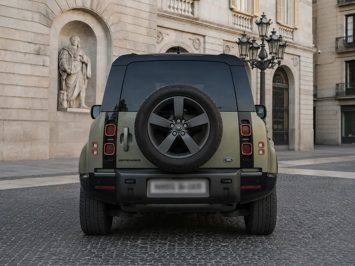 Land Rover Defender X-Dynamic 7 seater 2024, vista posteriore — Milan Luxury Cars, Milano. Il Land Rover Defender X-Dynamic a 7 posti porta in strada l'impostazione robusta tipica…