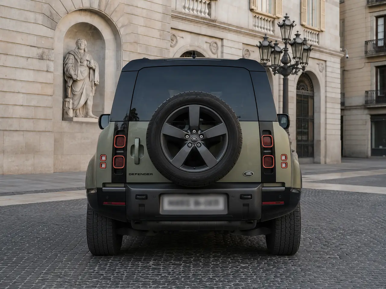Land Rover Defender X-Dynamic 7 seater 2024, vista posteriore — Milan Luxury Cars, Milano. Il Land Rover Defender X-Dynamic a 7 posti porta in strada l'impostazione robusta tipica…