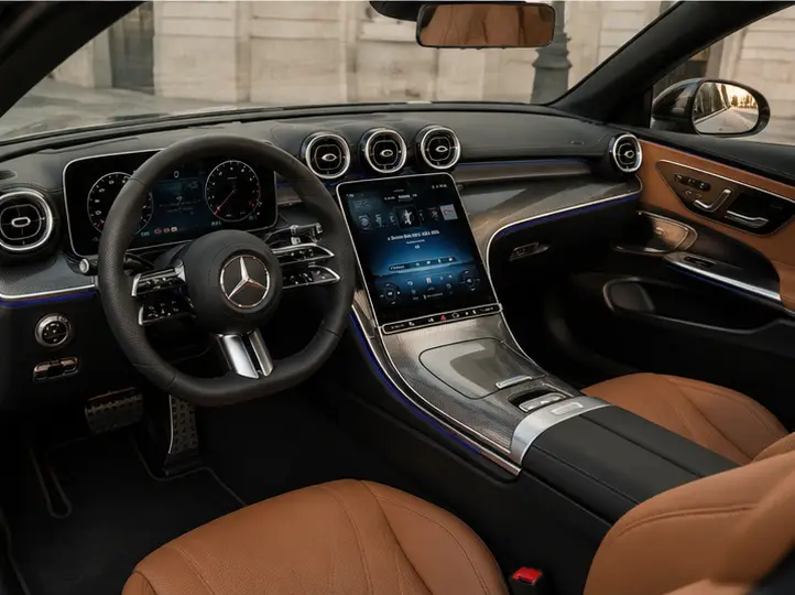 Mercedes Benz CLE 300 Cabriolet AMG Premium 2025, interior — Milan Luxury Cars, Milán. El Mercedes Benz CLE 300 Cabriolet AMG Premium 2025 ocupa un espacio muy concreto en la…