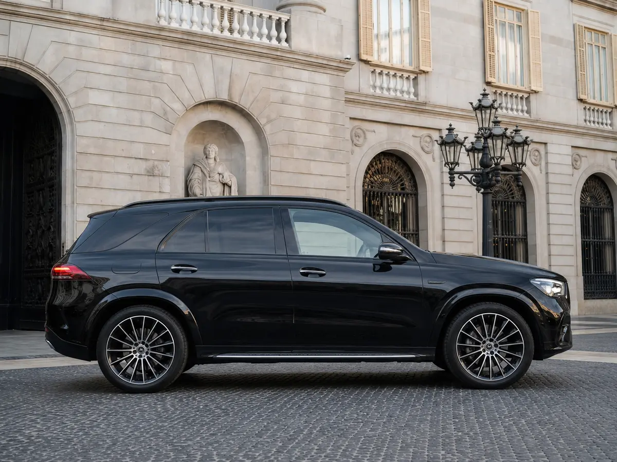 Mercedes Benz GLE 450 AMG 2024, vista frontal — Milan Luxury Cars, Milán. El Mercedes Benz GLE 450 AMG combina el porte alto de un todoterreno con la firmeza…