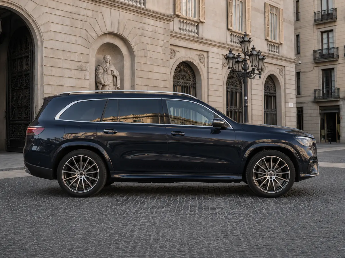Mercedes Benz GLS-klasse 350 D Exclusive 7 Posti 2025, vista frontal — Milan Luxury Cars, Milán. El Mercedes-Benz GLS 350 d Exclusive de 2025 es un todoterreno de lujo pensado para…