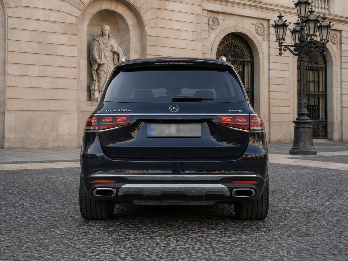 Mercedes Benz GLS-klasse 350 D Exclusive 7 Posti 2025, vista trasera — Milan Luxury Cars, Milán. El Mercedes-Benz GLS 350 d Exclusive de 2025 es un todoterreno de lujo pensado para…