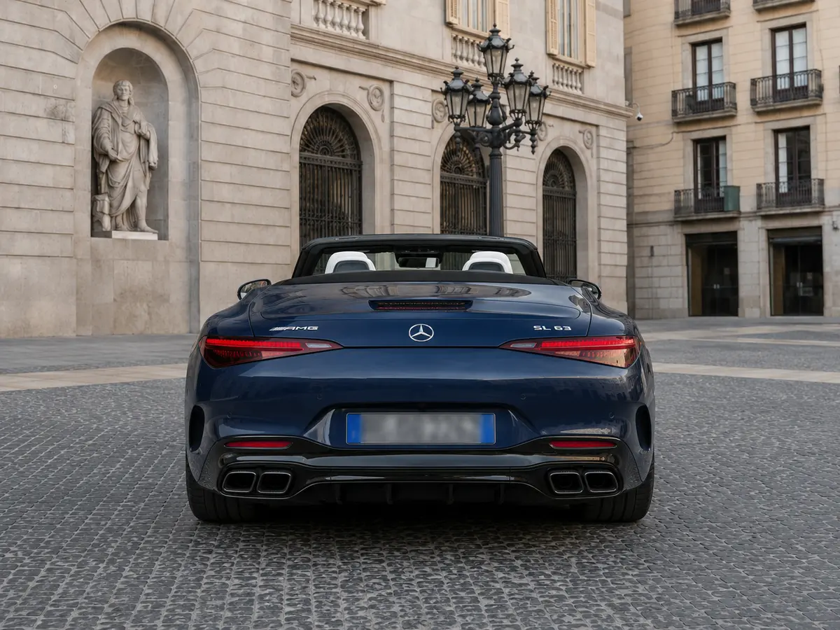 Mercedes Benz SL 63 AMG 2025, rear view — Milan Luxury Cars, Milan. The 2025 Mercedes Benz SL 63 AMG pairs a 585 hp V8 with four-seat practicality, a…