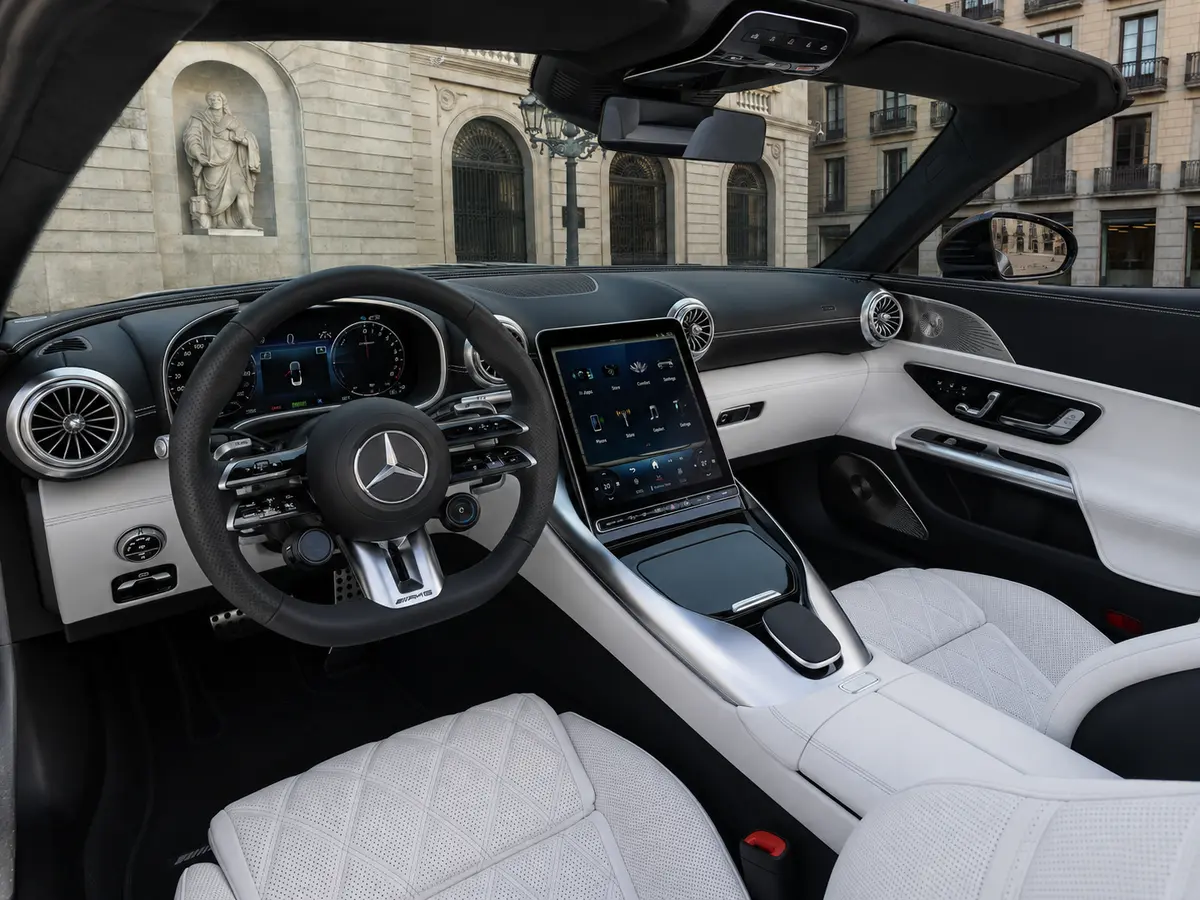 Mercedes Benz SL 63 AMG 2025, interior — Milan Luxury Cars, Milan. The 2025 Mercedes Benz SL 63 AMG pairs a 585 hp V8 with four-seat practicality, a…