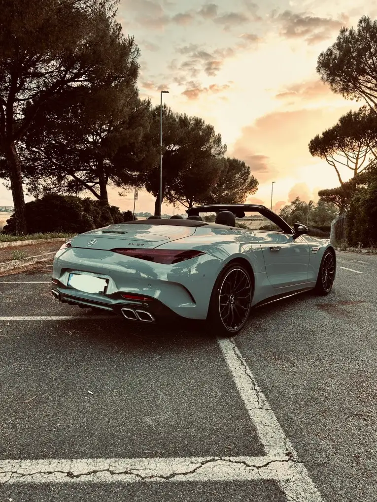 Mercedes Benz SL63 Cabrio 2023, rear view — Milan Luxury Cars, Milan. The Mercedes Benz SL63 Cabrio pairs a 585 hp V8 with four genuine seats, a rare…