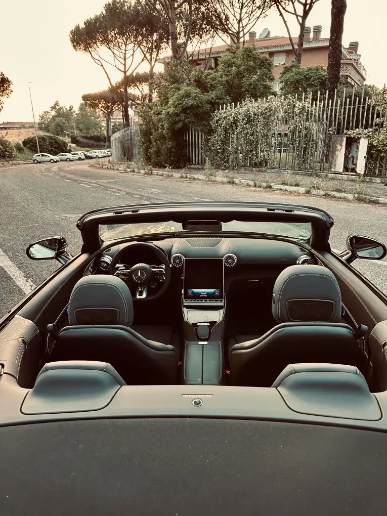 Mercedes Benz SL63 Cabrio 2023, interior — Milan Luxury Cars, Milan. The Mercedes Benz SL63 Cabrio pairs a 585 hp V8 with four genuine seats, a rare…