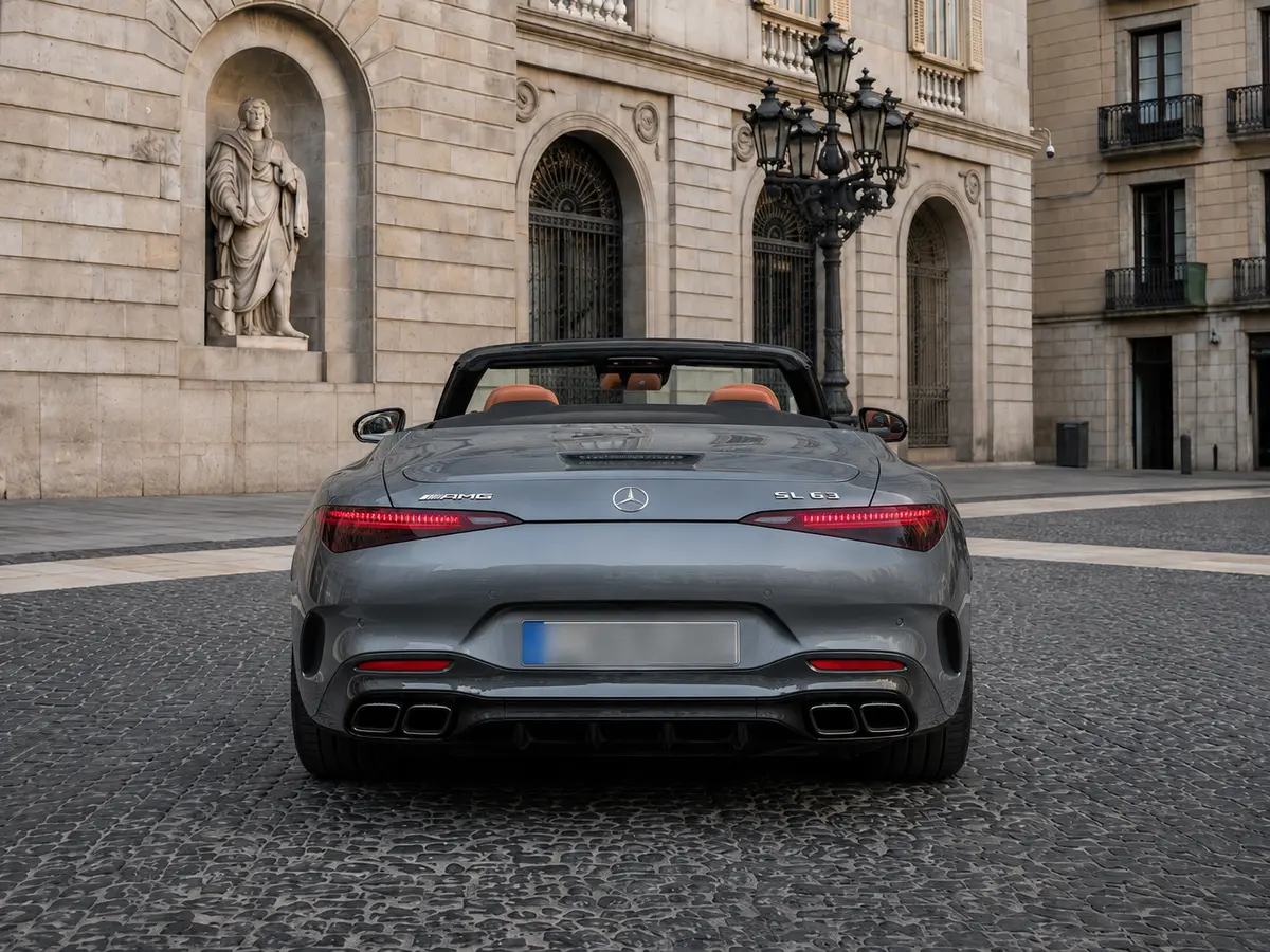Mercedes Benz SL63 Cabrio 2023, vista posteriore — Milan Luxury Cars, Milano. La Mercedes-Benz SL63 Cabrio 2023 unisce la struttura di una vera granturismo alla…