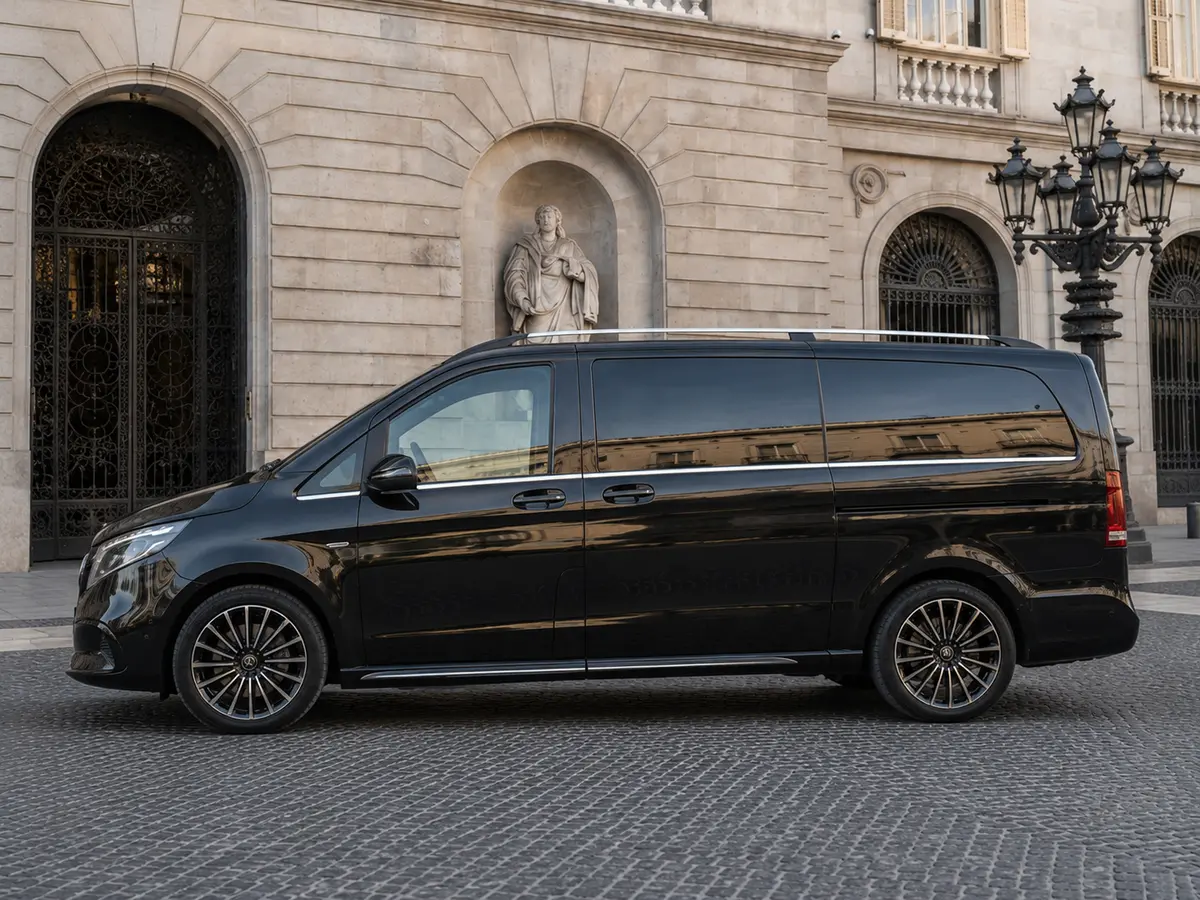 Mercedes Benz V300 4x4 XL Exclusive 7 seats 2025, exterior — Milan Luxury Cars, Milan. The Mercedes Benz V300 4x4 XL Exclusive is built for groups and families who need space…